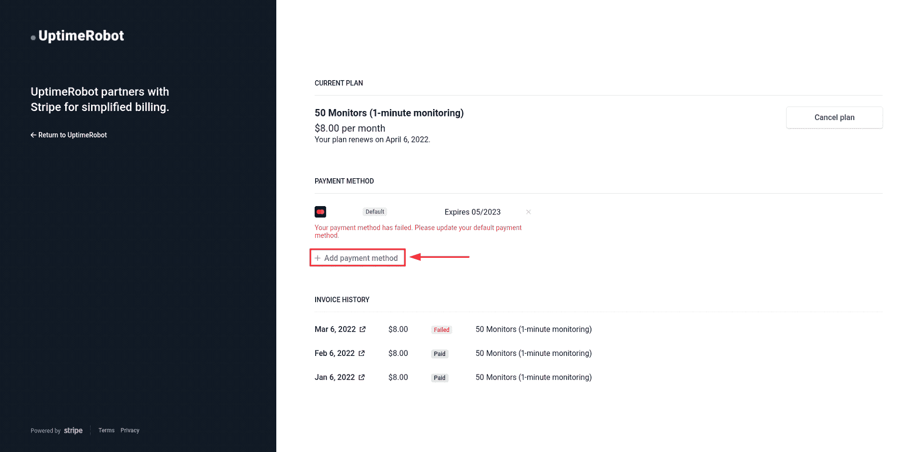 Screenshot of Stripe Add payment method